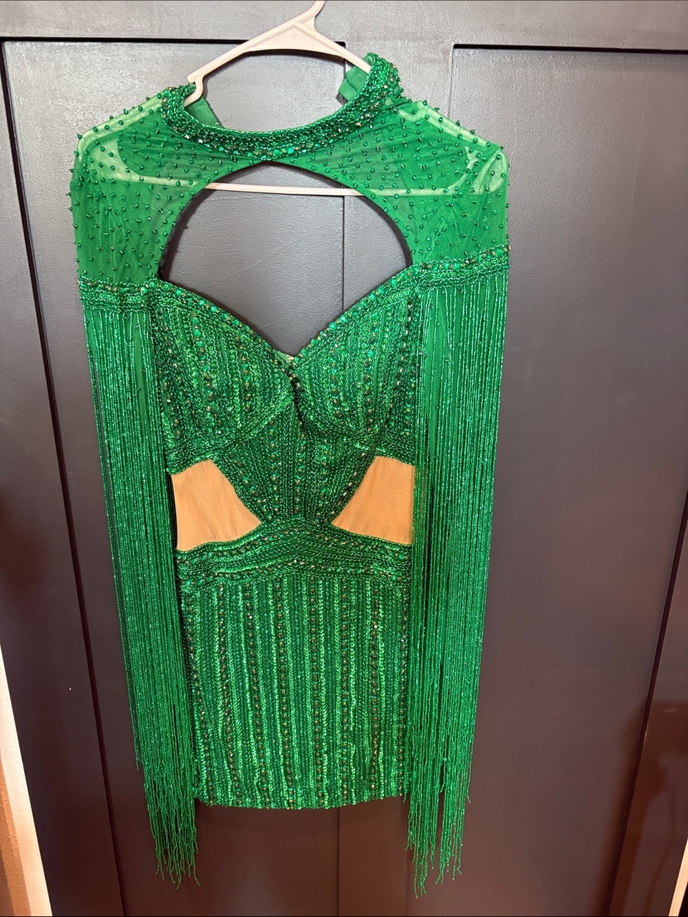 651. Ashley Lauren 4601 Green Beaded Fringe Evening Dress